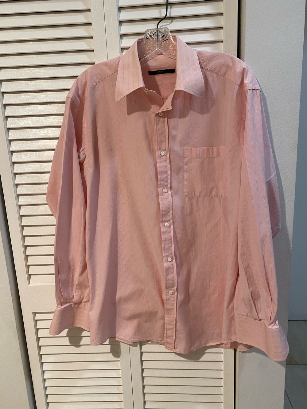 Gucci Pink Striped Long Sleeve Shirt with Black Logo Label.
